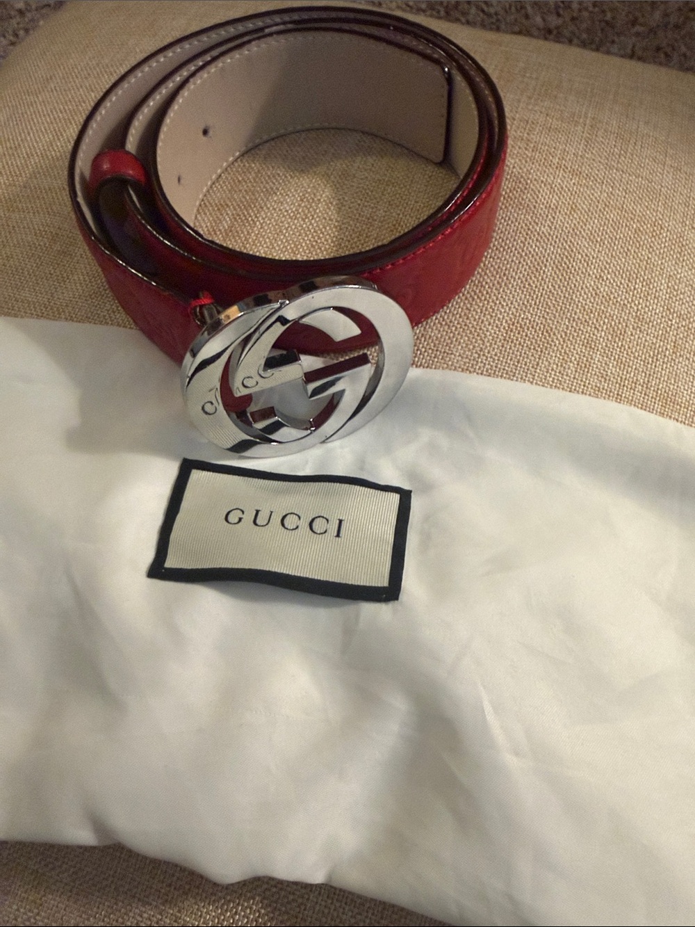 GUCCI WOMENS RED BELT SZ 85 Embossed GG BELT worn twice!Excellent. Dust bag too!